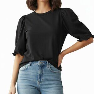 See by Chloe Black Short Sleeve Top Scalloped Poplin Sleeve 100% Cotton Size S